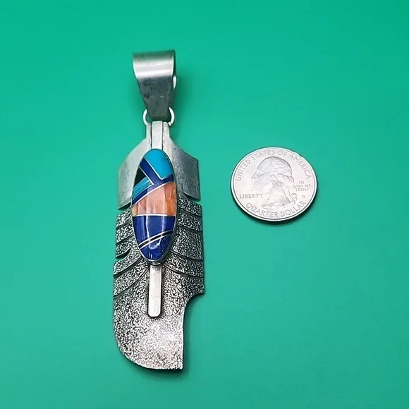 G. Howe Navajo Sterling Feather Pendant with Multi-stone Inlay - Picture 6 of 6